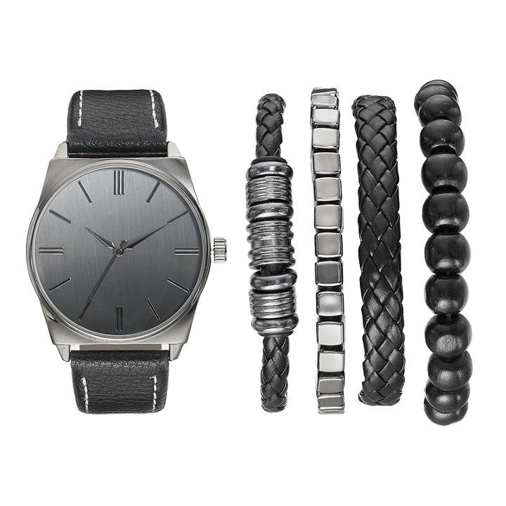 Men's Watch & Bracelet Set, Size: Large, Black