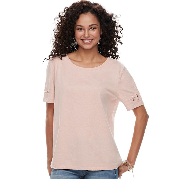 Juniors' Mudd&reg; Lace-up Sleeve Boxy Varsity Tee, Teens, Size: Small, Lt Beige