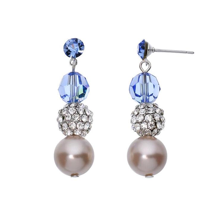 Crystal Avenue Silver-plated Crystal And Simulated Pearl Linear Drop Earrings - Made With Swarovski Crystals, Women's, Blue