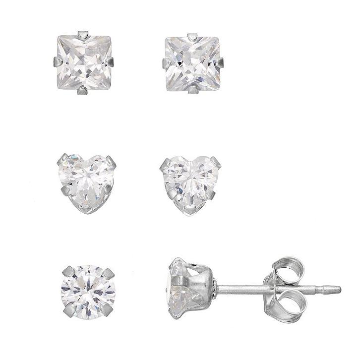Charming Girl Kids' Cubic Zirconia Heart & Square Stud Earring Set, White