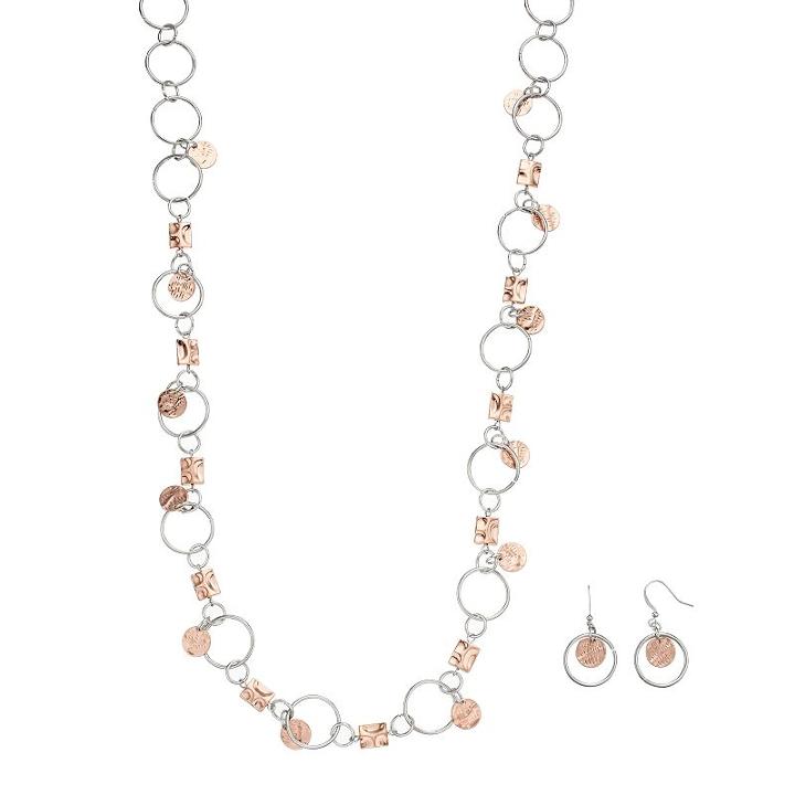Long Two Tone Hammered Circle Link Necklace & Drop Earring Set, Women's, Multicolor