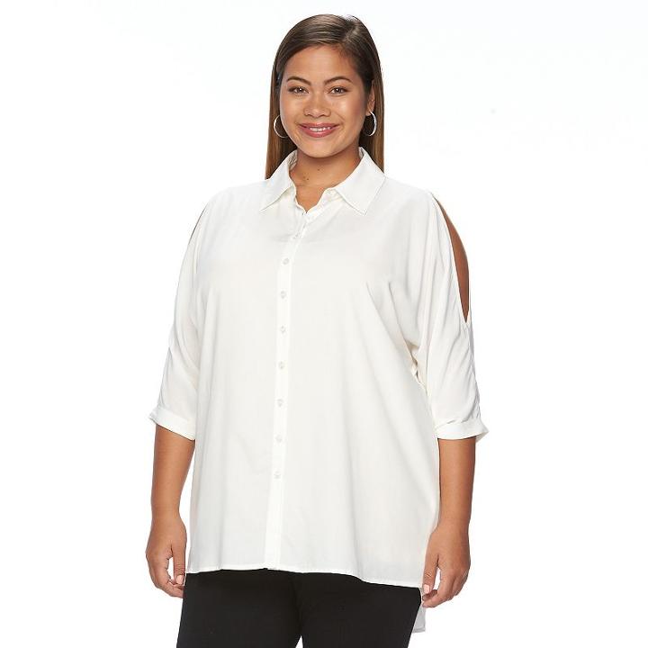 Plus Size Design 365 High-low Cold-shoulder Button-down Top, Women's, Size: 1xl, White Oth