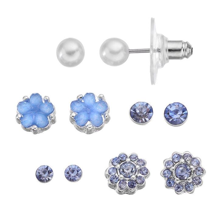Lc Lauren Conrad Simulated Pearl & Blue Flower Stud Earring Set, Women's