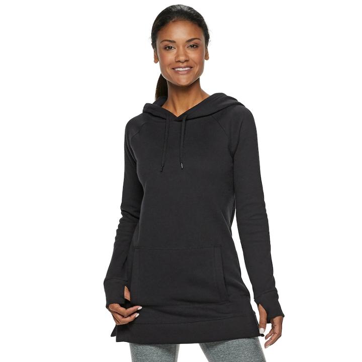Women's Tek Gear&reg; Thumb Hole Fleece Tunic Hoodie, Size: Large, Black