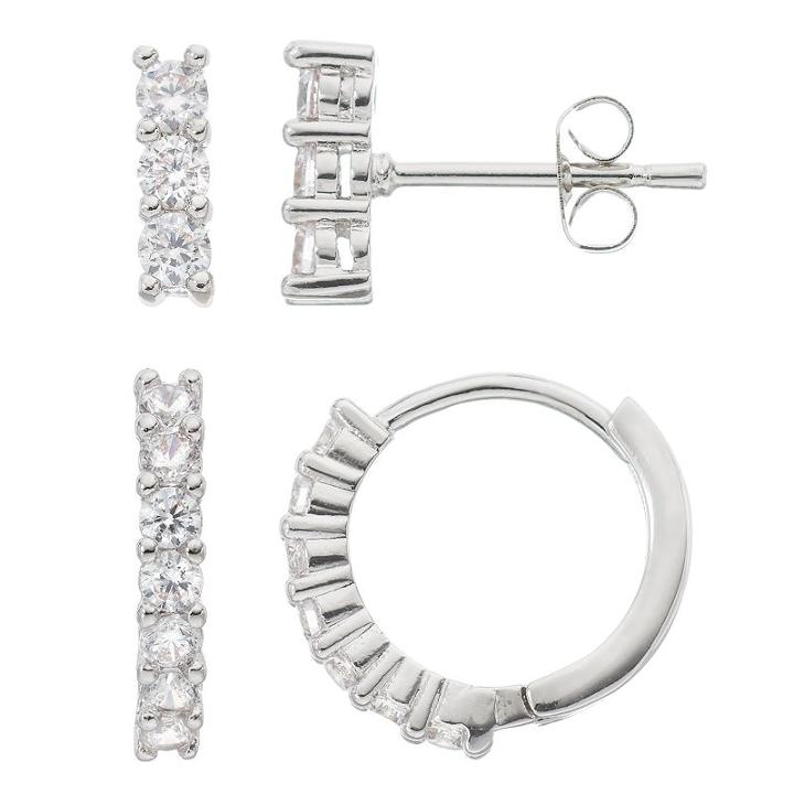 Fleur Silver Tone Cubic Zirconia Hoop & Stick Drop Earring Set, Women's, White
