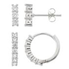 Fleur Silver Tone Cubic Zirconia Hoop & Stick Drop Earring Set, Women's, White