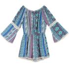 Girls 7-16 Speechless Patterned Bell Sleeve Romper With Lace Inset, Size: Xl, Lt Purple