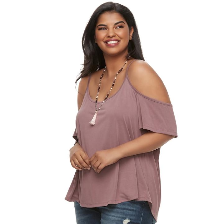 Juniors' Plus Size Mudd&reg; Cupro Cold-shoulder Tee, Teens, Size: 2xl, Beig/green (beig/khaki)