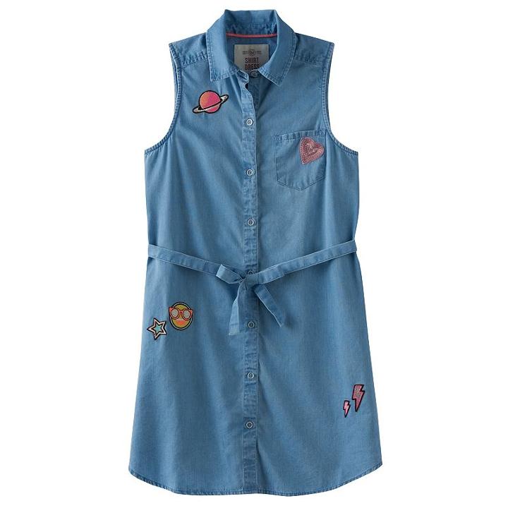 Girls 7-16 & Plus Size So&reg; Chambray Sleeveless Patch Applique Shirt Dress, Size: 12 1/2, Blue (navy)