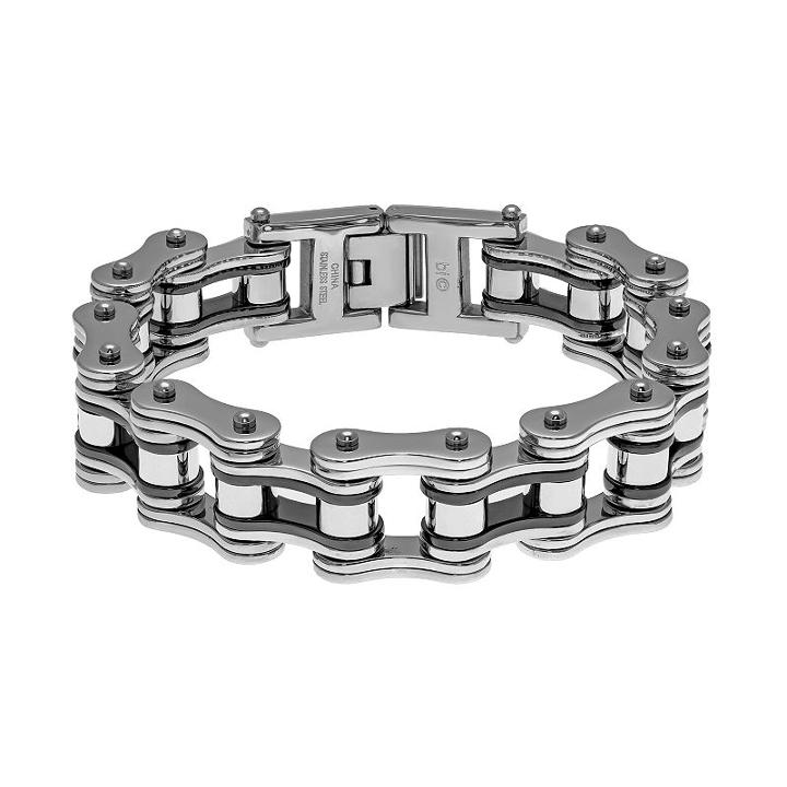 Two Tone Ion-plated Stainless Steel Motorcycle Chain Bracelet - Men, Grey