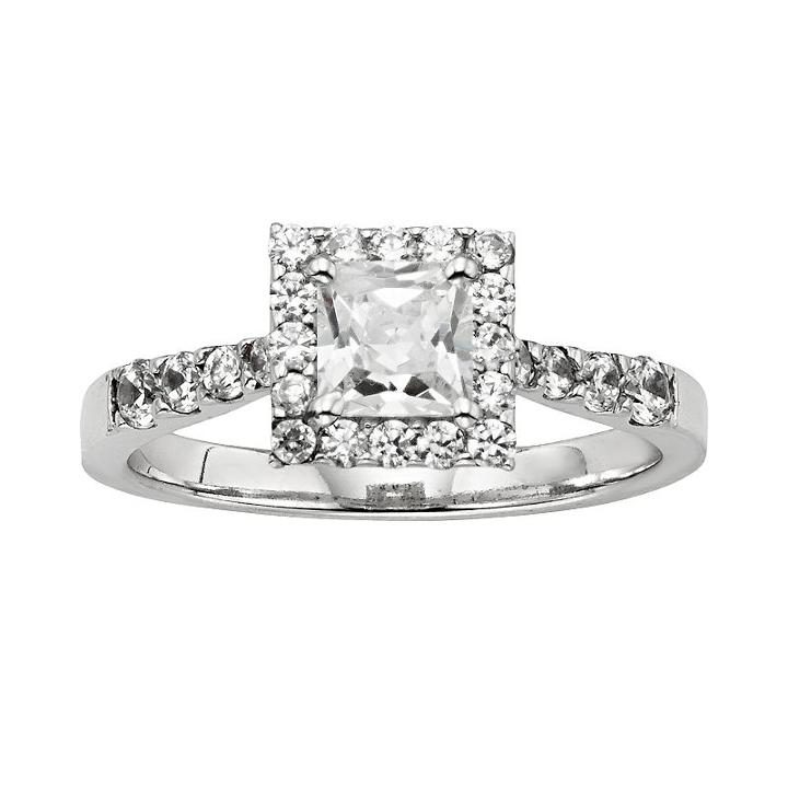 Diamonore Princess-cut Simulated Diamond Halo Engagement Ring In Sterling Silver (1 1/2 Ct.), Women's, Size: 9, White