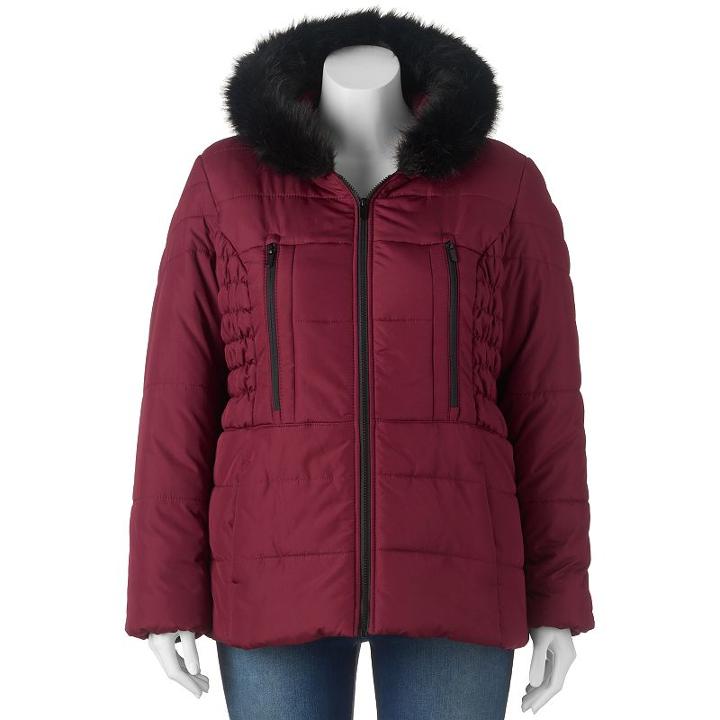 Juniors' Plus Size Pink Envelope Faux-fur Hood Puffer Jacket, Girl's, Size: 1xl, Red