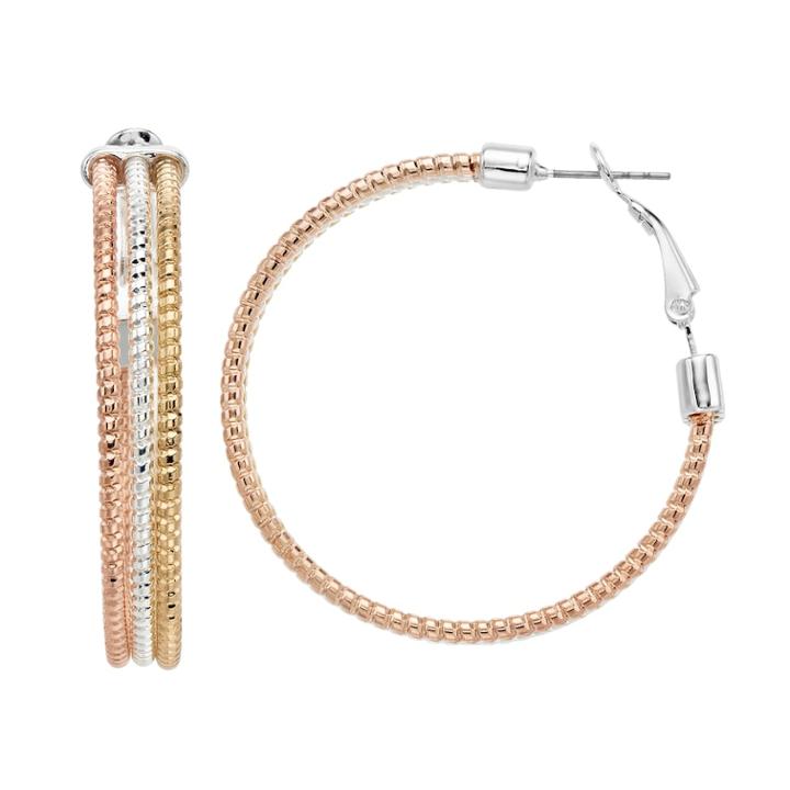 Jennifer Lopez Tri Tone Nickel Free Triple Textured Hoop Earrings, Women's, Multicolor
