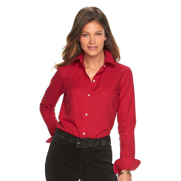 Petite Chaps No Iron Printed Sateen Shirt, Women's, Size: L Petite, Red