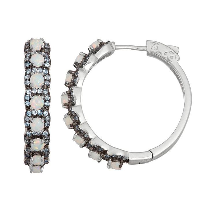 Sterling Silver Lab-created Opal & Blue Spinel Hoop Earrings, Women's, White