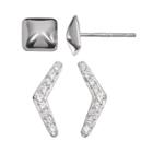 Cubic Zirconia Sterling Silver V & Pyramid Stud Earring Set, Women's, Grey