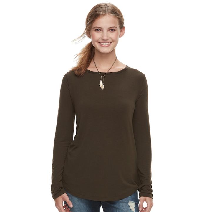 Juniors' Mudd&reg; Crewneck Long Sleeve Tee, Teens, Size: Large, Dark Brown