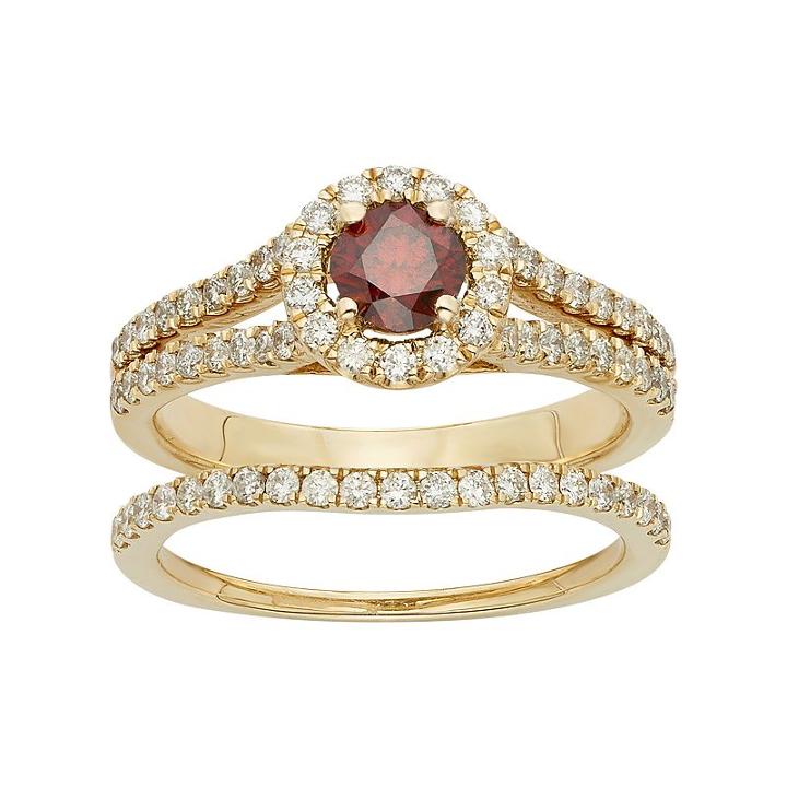 Igl Certified Red & White Diamond Halo Engagement Ring Set In 14k Gold (1 Carat T.w.), Women's, Size: 7