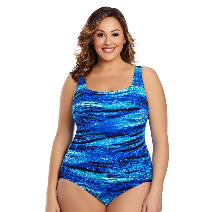Plus Size Great Lengths Shades Of Blue Tummy Slimmer One-piece Swimsuit, Women's, Size: 24