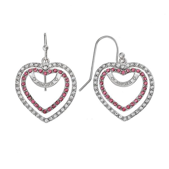 Amore By Simone I. Smith Platinum Over Silver Crystal Heart Drop Earrings, Women's, Pink