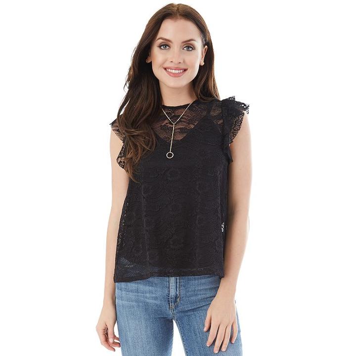 Juniors' Iz Byer California Necklace Lace Top, Teens, Size: Xs, Black