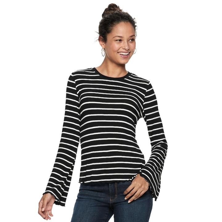 Juniors' Love, Fire Bell Sleeve Ringer Top, Teens, Size: Xs, Black White Stripe