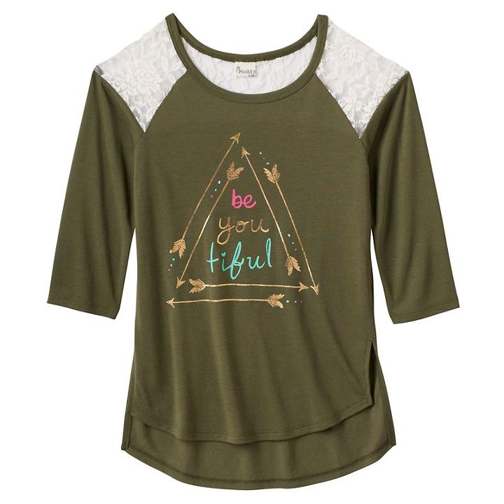 Girls 7-16 Mudd&reg; Raglan Lace High-low Graphic Tee, Girl's, Size: 7-8, Med Green