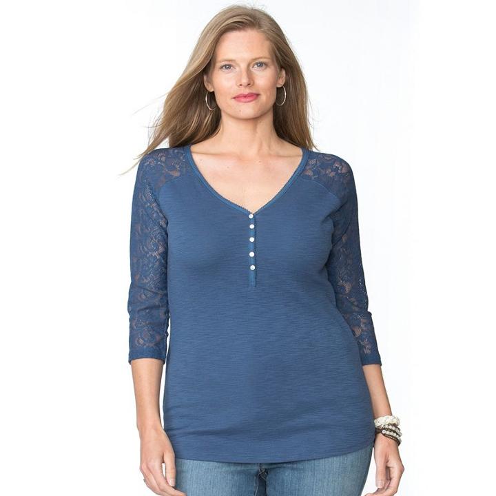Plus Size Chaps Lace Henley, Women's, Size: 1xl, Blue