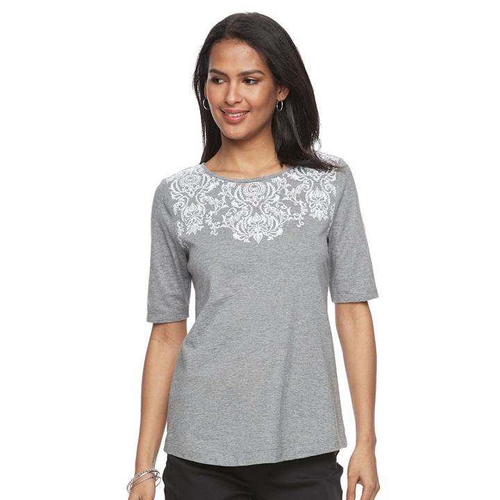 Women's Croft & Barrow&reg; Embroidered Yoke Tee, Size: Xl, Med Grey