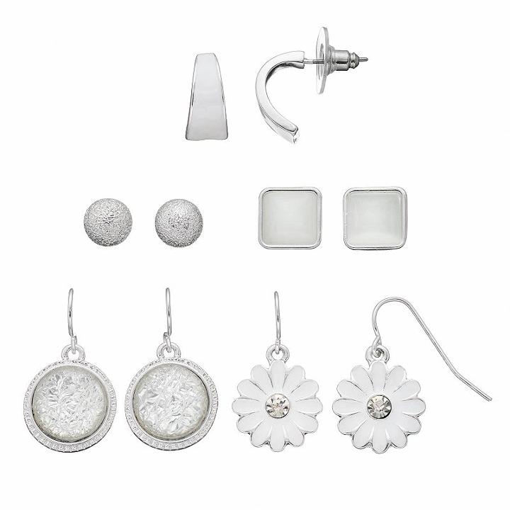 White Flower, Circle & Square Earring Set, Women's
