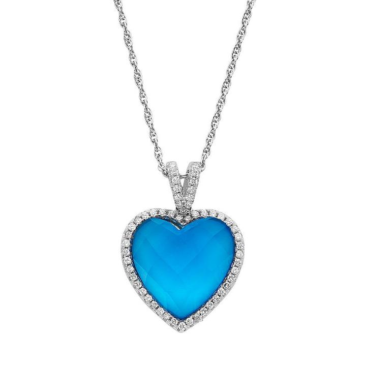 Sterling Silver Glass & Cubic Zirconia Heart Halo Pendant, Women's, Size: 18, Blue