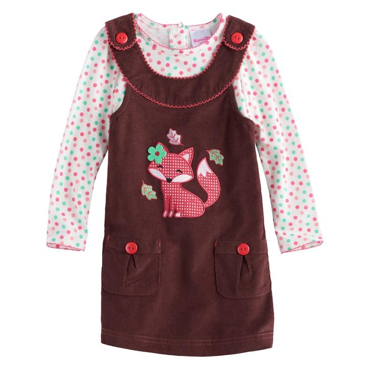 Toddler Girl Nannette Fox Applique Corduroy Jumper & Polka-dot Tee Set, Size: 2t, Brown