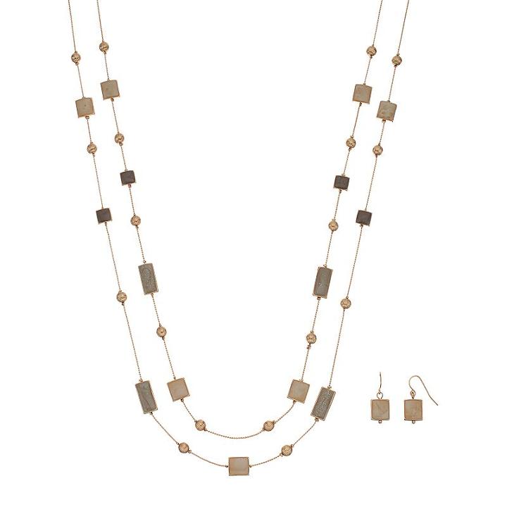 Double Strand Rectangle & Square Necklace & Drop Earring Set, Women's, Brown
