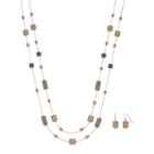 Double Strand Rectangle & Square Necklace & Drop Earring Set, Women's, Brown