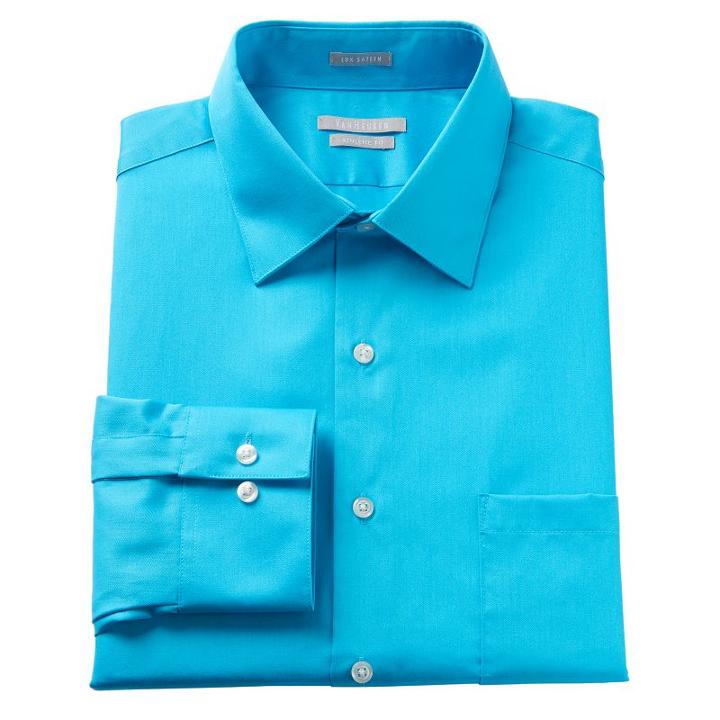 Men's Van Heusen Fitted Athletic Solid Lux Sateen No Iron Spread Collar Dress Shirt, Size: 15.5-32/33, Turquoise/blue (turq/aqua)