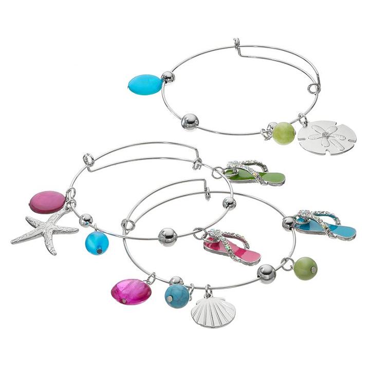 Flip-flop, Seashell & Starfish Charm Bangle Bracelet Set, Women's, Multicolor