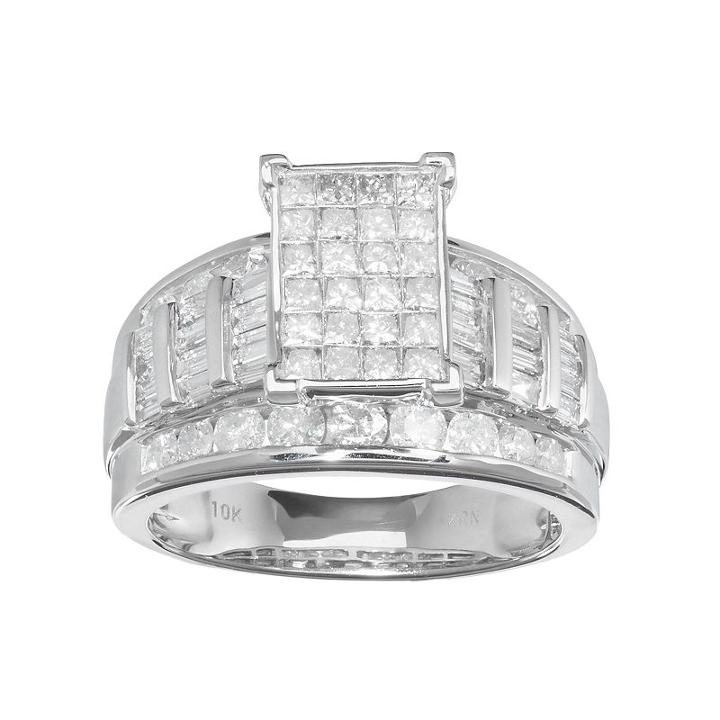 10k White Gold 2 Carat T.w. Diamond Cluster Engagement Ring, Women's, Size: 7