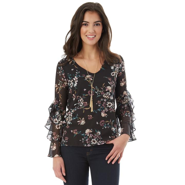Juniors' Iz Byer California Necklace Ruffle Sleeve Top, Teens, Size: Large, Black Floral