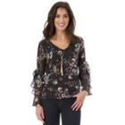 Juniors' Iz Byer California Necklace Ruffle Sleeve Top, Teens, Size: Large, Black Floral