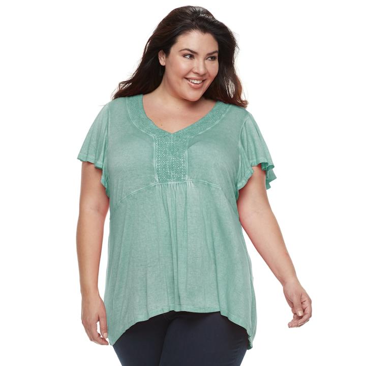 Plus Size World Unity Crochet-trim Flutter Top, Women's, Size: 3xl, Green