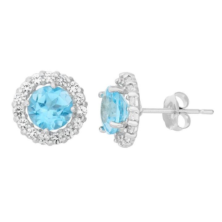 Lab-created Blue Topaz & White Topaz 10k White Gold Halo Stud Earrings, Women's