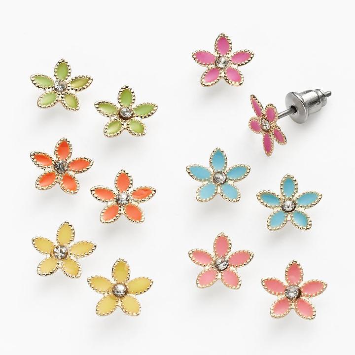 So Gold Tone Simulated Crystal Flower Stud Earring Set, Women's, Multicolor