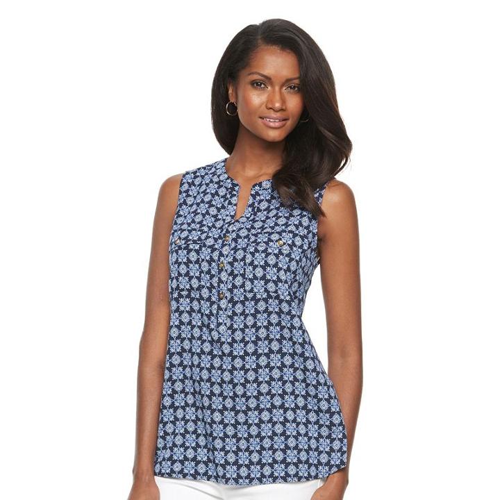 Women's Croft & Barrow&reg; Print Crepe Henley, Size: Large, Blue