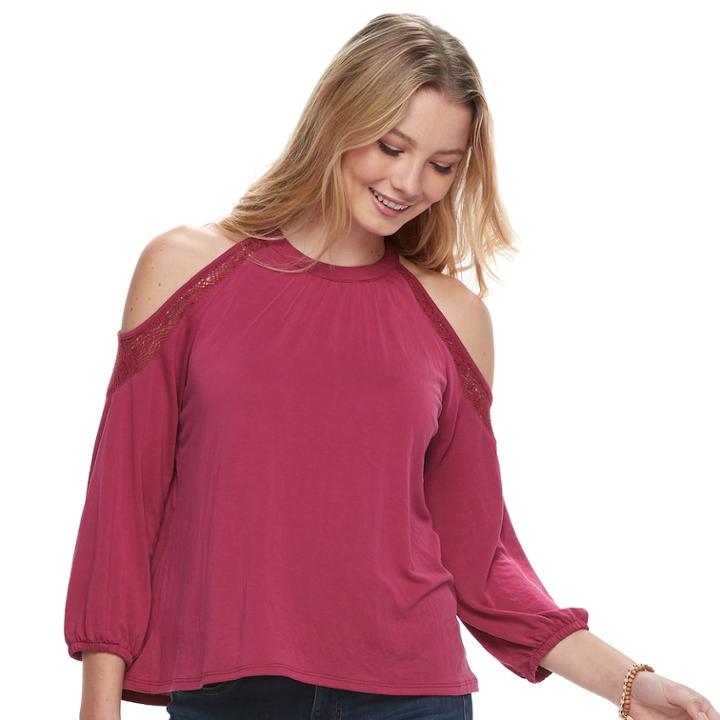 Juniors' Mudd&reg; Cold-shoulder Lace Inset Top, Teens, Size: Medium, Red