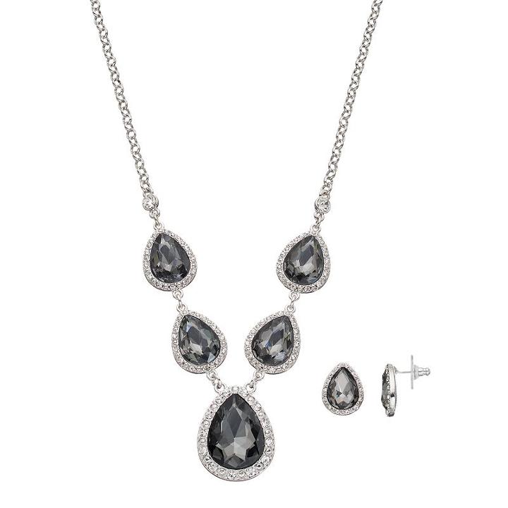 Black Faceted Teardrop Necklace & Earring Set, Women's