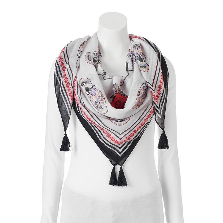 Sugar Skull Tassel Square Scarf, Women's, White