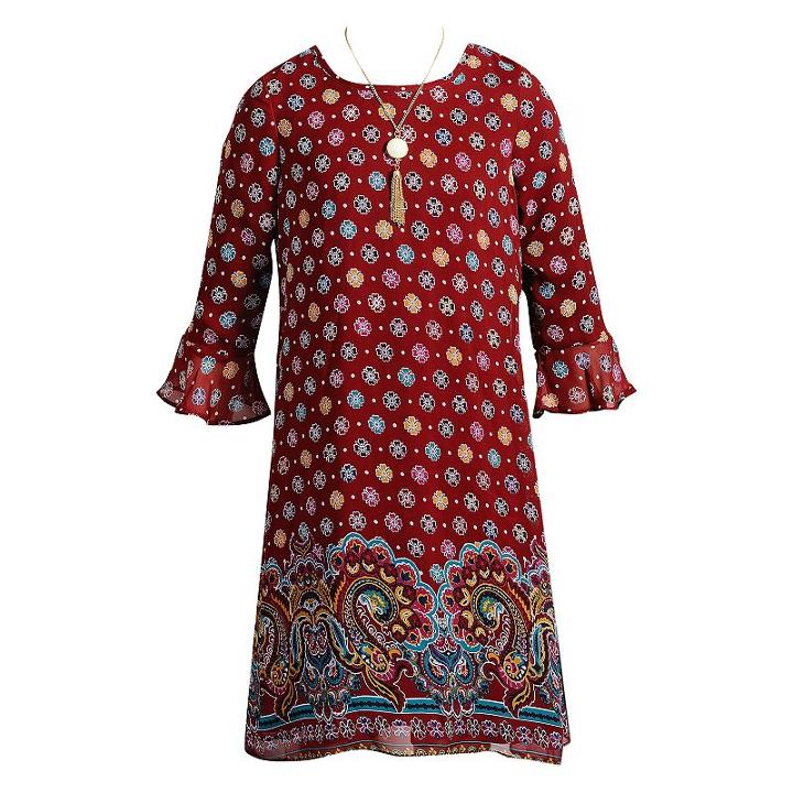 Girls 7-16 Emily West Printed Chiffon Peasant Dress With Necklace, Size: 10, Ovrfl Oth