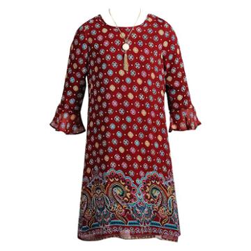 Girls 7-16 Emily West Printed Chiffon Peasant Dress With Necklace, Size: 10, Ovrfl Oth