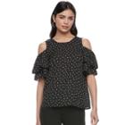 Women's Elle&trade; Print Cold-shoulder Flutter Top, Size: Small, Black