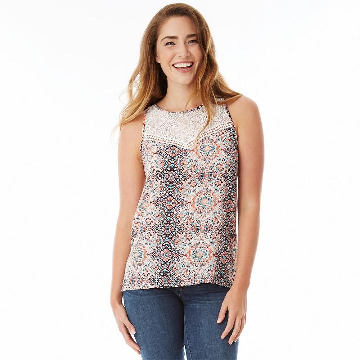 Juniors' Iz Byer California Print Lace Yoke Tank, Girl's, Size: Small, Ovrfl Oth